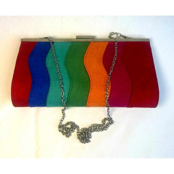 Rainbow Wave-Striped Shoulder Clutch Purse Handbag Multi Color Suede - Picture 4 of 5